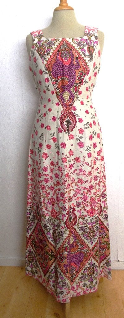 100% katoen vintage print jurk van Kitan (made in Israel) S, Zo goed als nieuw, Maat 36 (S), Onder de knie, Meerkleurig