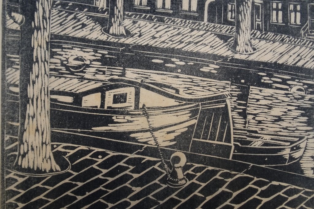 linosnede Amsterdamse gracht met boot, monogram LS, jaren 30, Ophalen of Verzenden, Overige technieken, Origineel