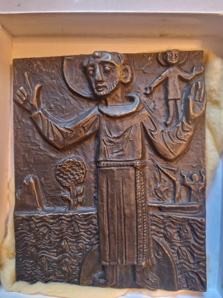 Bronzen Reliëf - Spirituele Voorstelling met Monnik en Kind, Ophalen of Verzenden