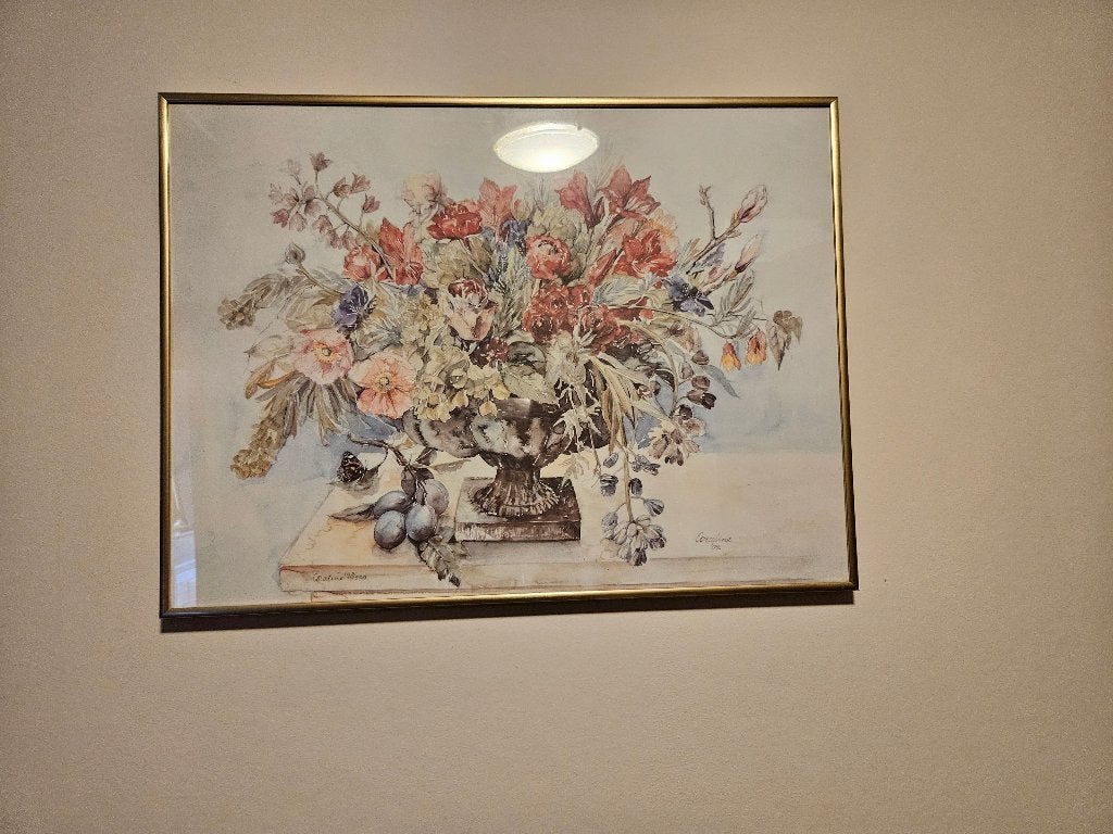 Schilderij bloemen, roze, bordeaux, Ophalen, Glas, Achter glas, Olieverf