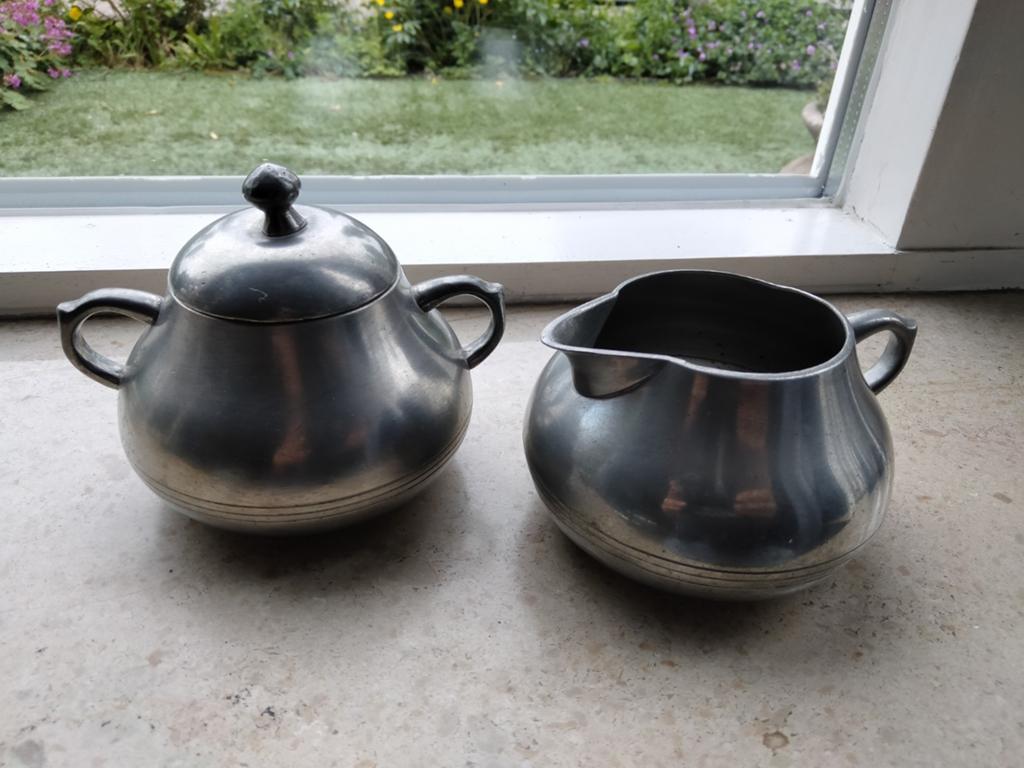 Vintage Tinnen Suikerpot en Melkkan - Jeka Tiel Holland, Antiek en Kunst, Ophalen of Verzenden