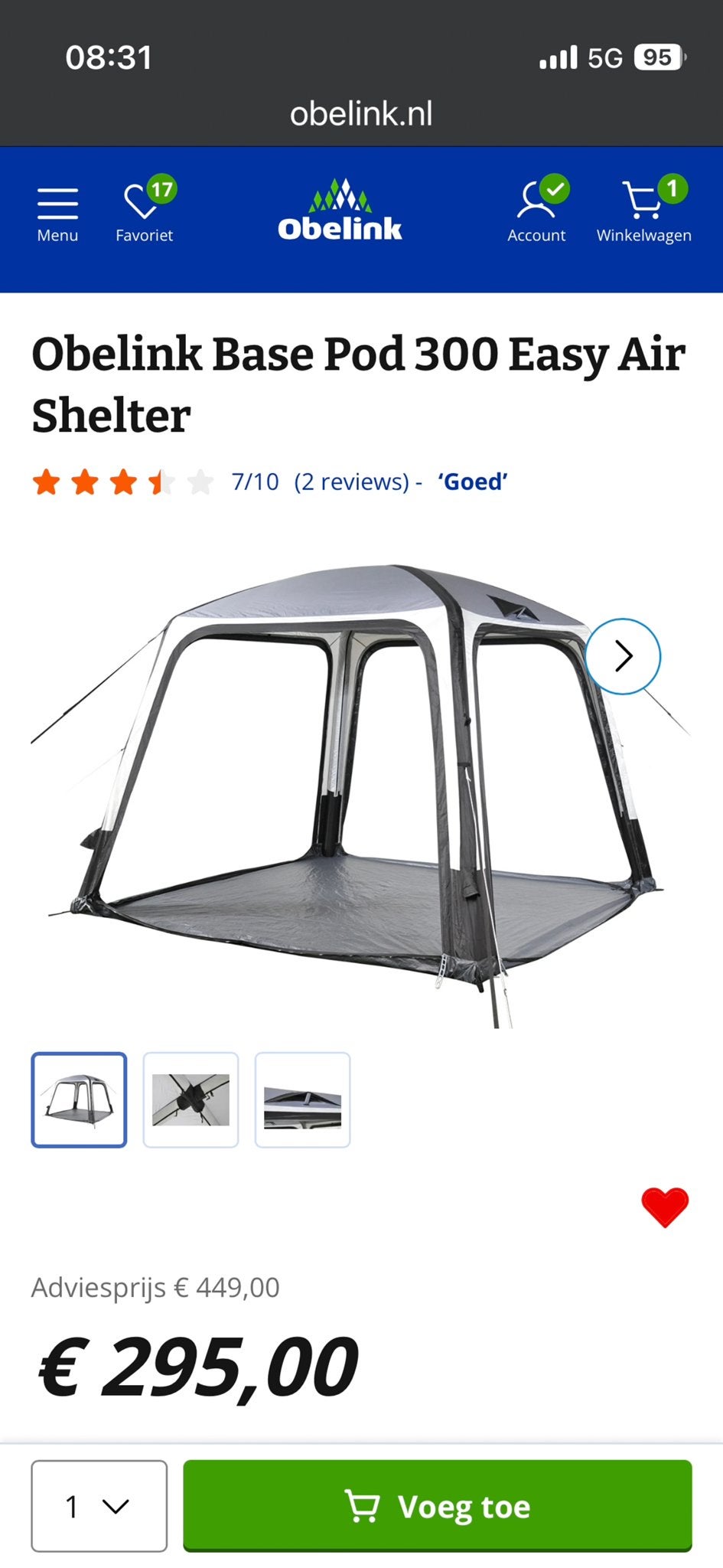Bustent: Obelink Base Pod Easy Air + sluis en 6 zijwanden, Ophalen, Nieuw