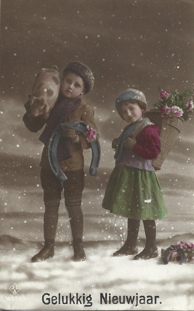 Antiek*Gelukkig Nieuwjaar*Kinderen*Varkentje*Hoefijzer*sneeu, Verzamelen, Ophalen of Verzenden, Voor 1920, Gelopen, Feest(dag)