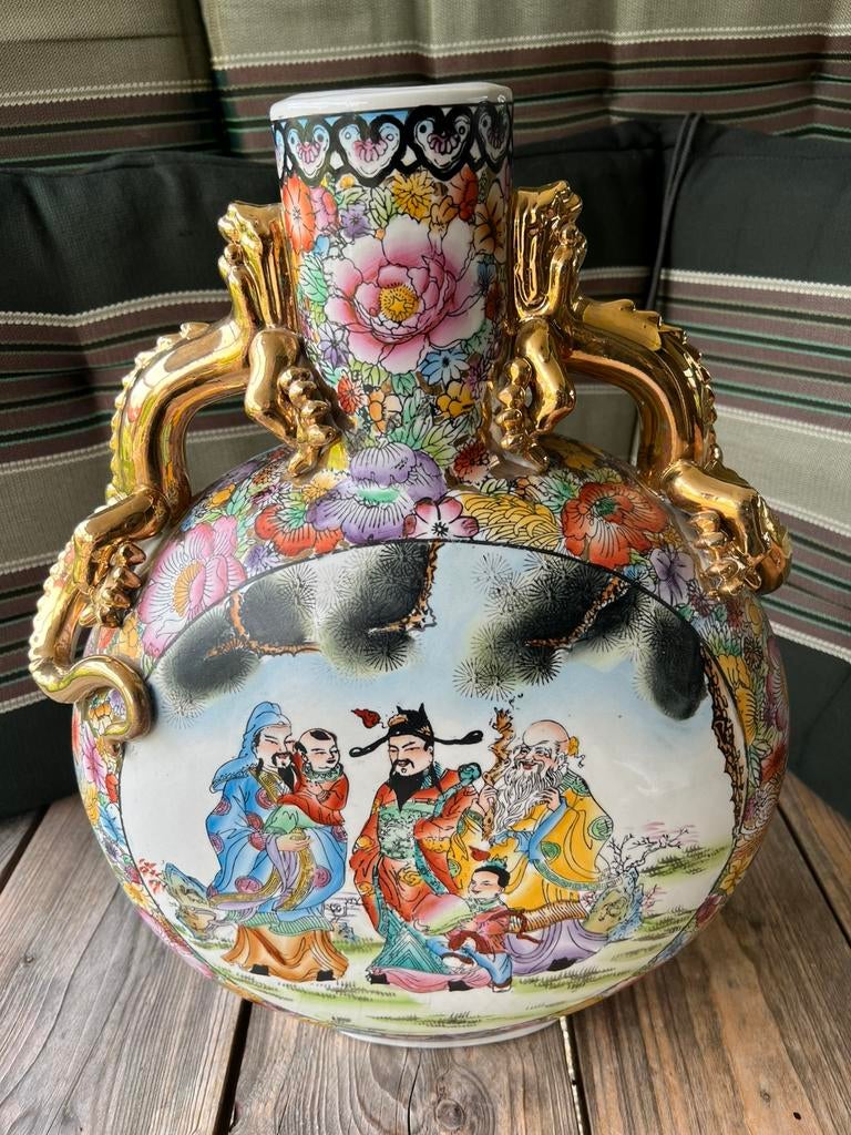 Grote Handgeschilderd Chinese Maanflesvaas met Gouden Draken, Huis en Inrichting, Ophalen, Overige kleuren, 50 tot 75 cm, Aardewerk of Porselein
