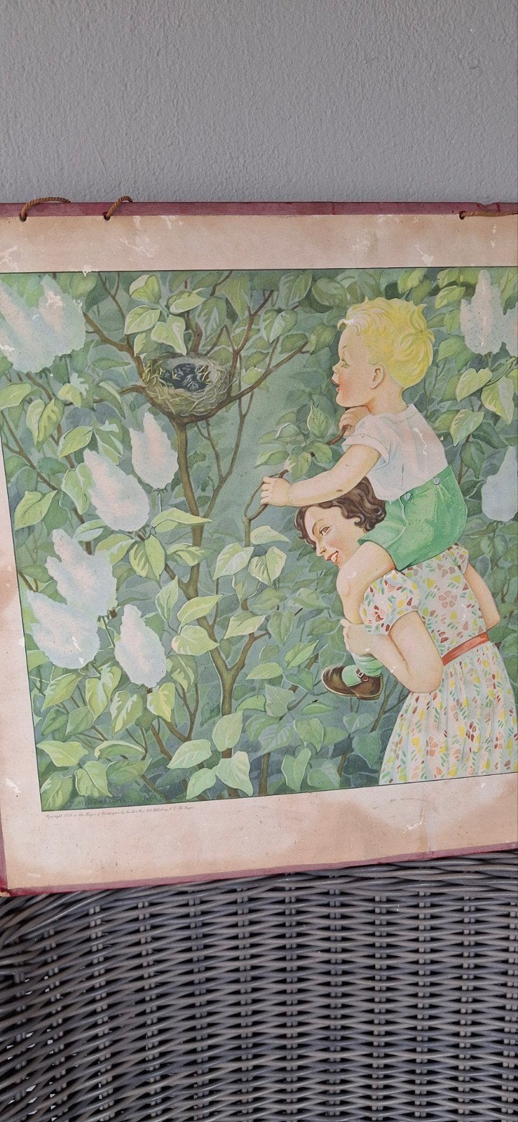 Oude schoolprent: Kinderen bij vogelnestje, Ophalen, Natuur en Biologie