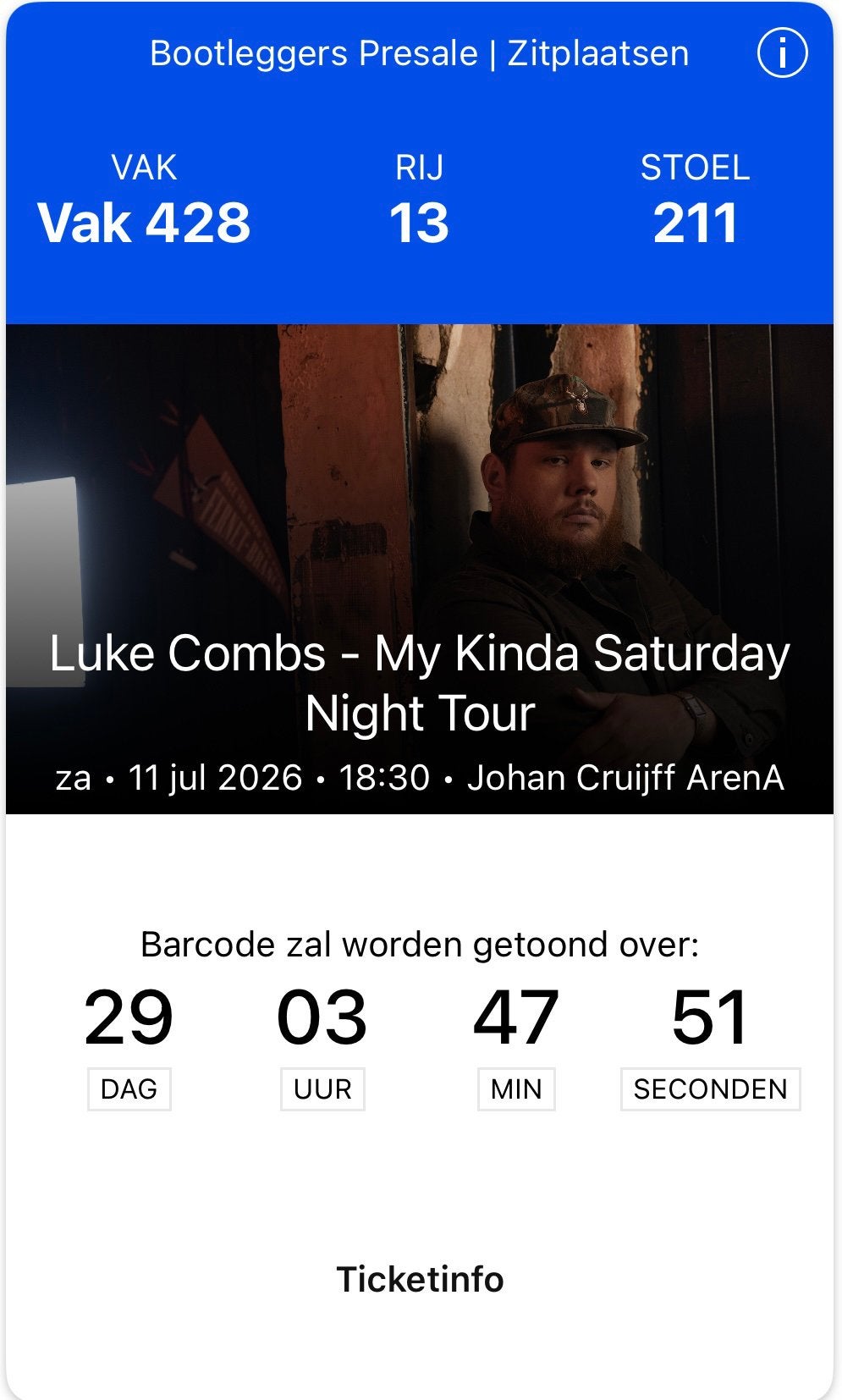 2x zitplaats Luke Combs Amsterdam, Tickets en Kaartjes, Concerten | Pop, Twee personen, Juli