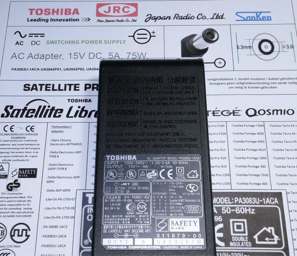 Toshiba JRC PA3083U-1ACA 15V 5A 75W Adapter Lader 6.3x3.0mm