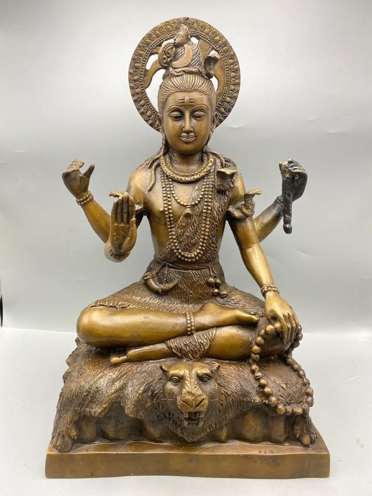 Massief bronzen Shiva (zittend op tijgervel) 44 cm 11,3 kg, Verzamelen, Religie, Ophalen of Verzenden, Gebruikt, Beeld(je), Hindoeïsme