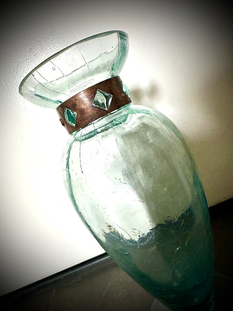 Vaas antiek craquelé met metalen band bubbel glas vintage, Antiek en Kunst, Ophalen of Verzenden