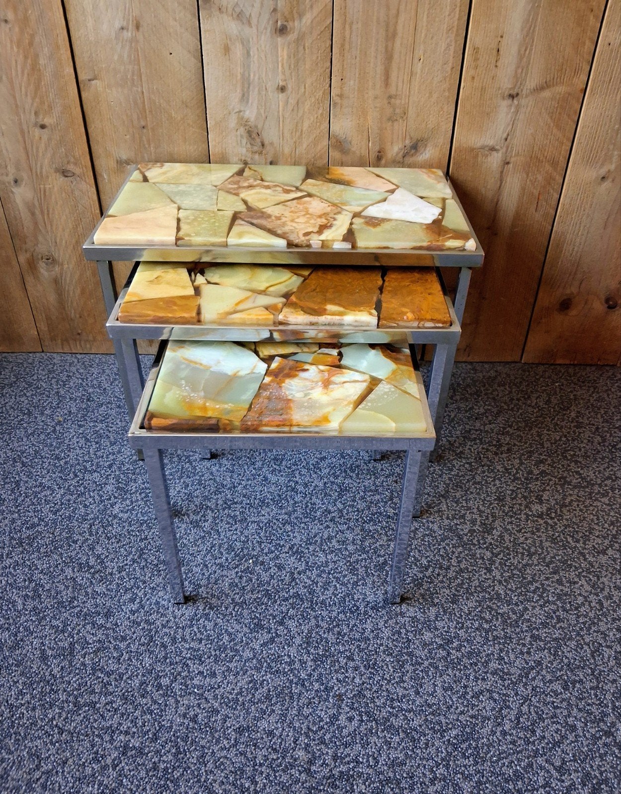 Vintage Onyx Marmeren Mimiset / Nesting Tables – Jaren 70, 50 tot 100 cm, Rond, Ophalen of Verzenden, Metaal