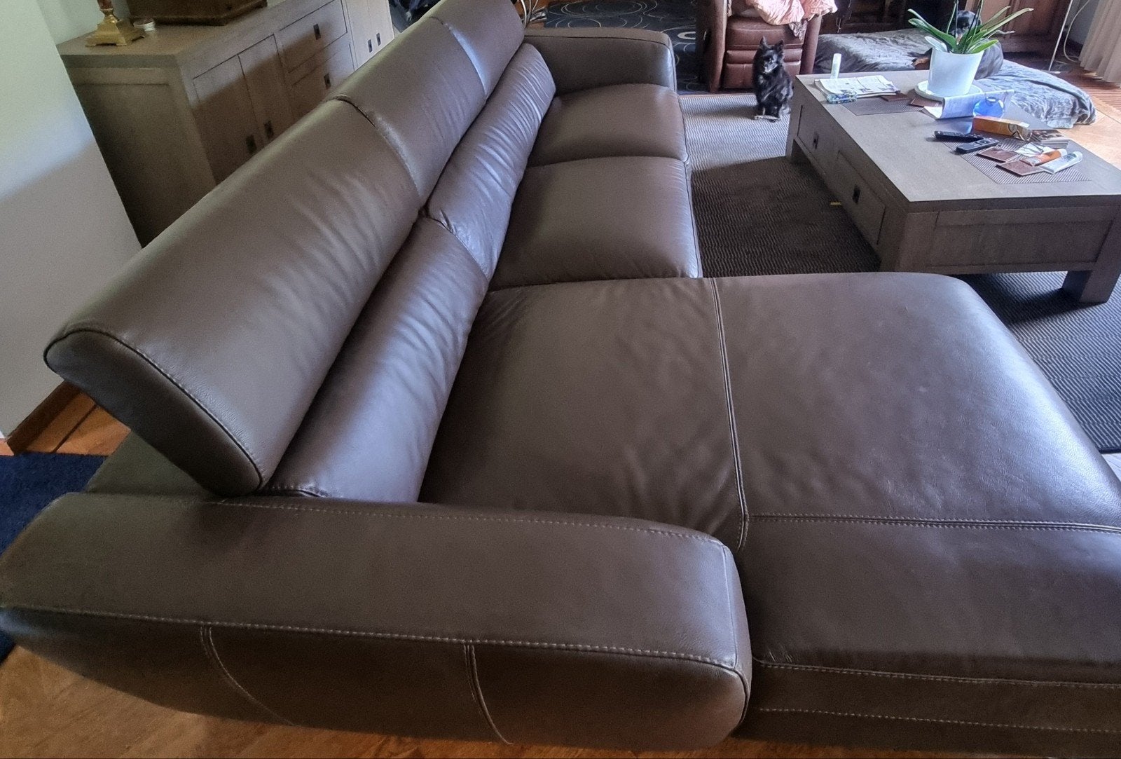 Comfortabel bruin leren bankstel - Hoekbank, Huis en Inrichting, Ophalen, Modern, Comfortabel, 250 tot 300 cm, Gebruikt