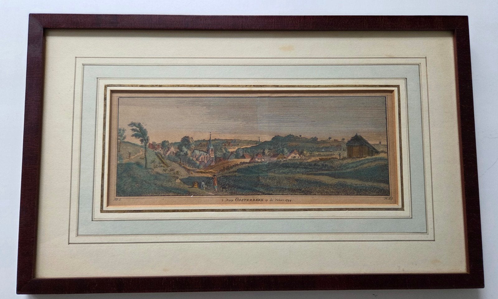 Originele 18e-eeuwse Kopergravure Oosterbeek (1744) – H. Spi, Stadsgezicht, 19 cm, Ophalen of Verzenden, Handgekleurd