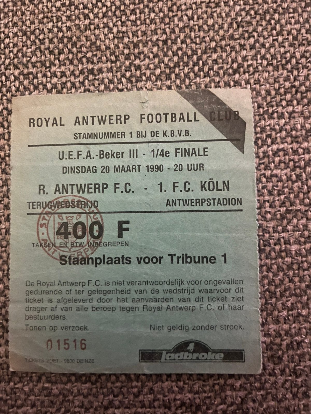 TICKET ANTWERP-FC KOLN 89-90 UEFA CUP, Ophalen of Verzenden, Zo goed als nieuw, Buitenlandse clubs, Overige typen