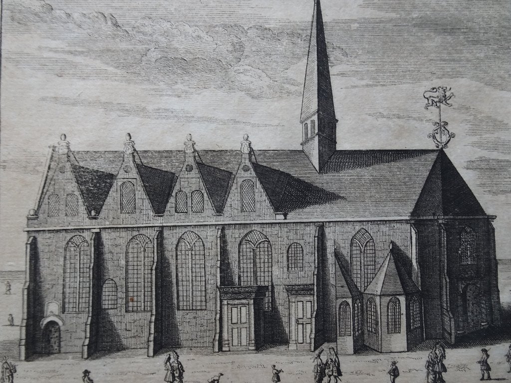 Gravure Grote of Jacobijnenkerk Leeuwarden Harrewijn ca 1750, Antiek en Kunst, Verzenden, Architectuur, Gravure, Origineel
