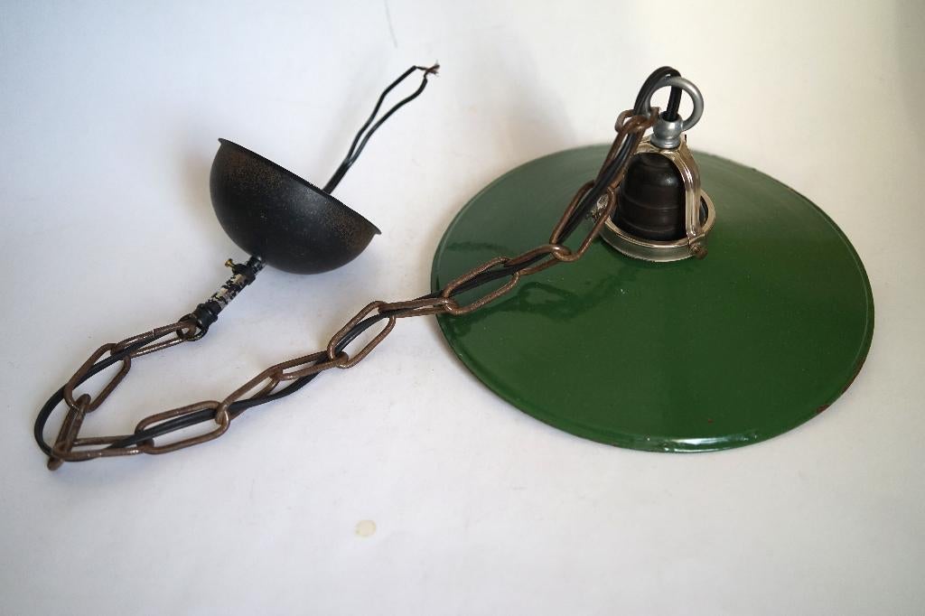 hanglamp vintage schoenmaker lamp emaille groen wit ketting., Ophalen of Verzenden