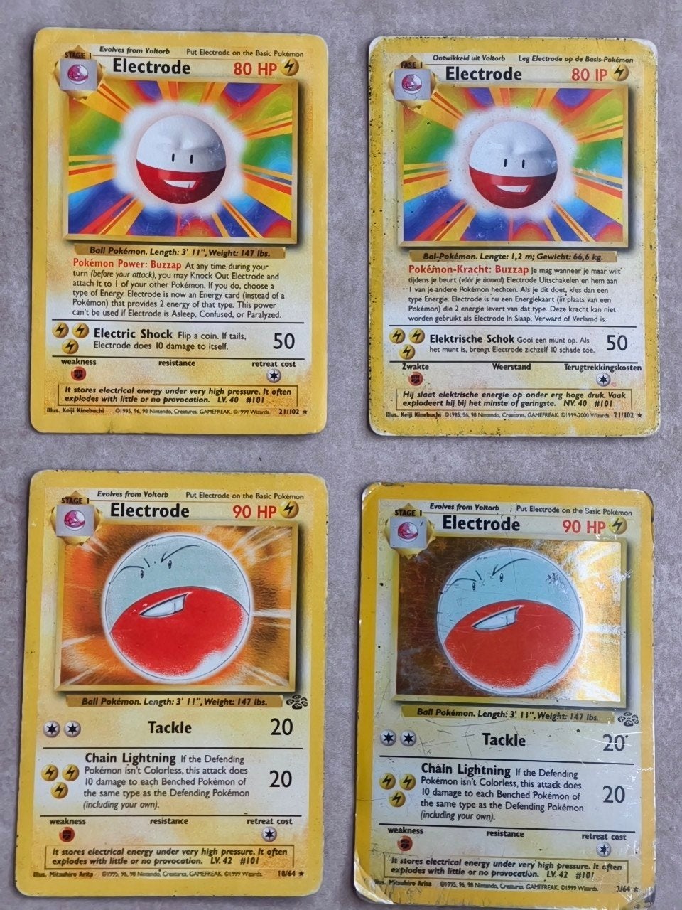 4x Electrode Pokémon kaarten – Base Set & Jungle Holo 1999, Ophalen of Verzenden, Gebruikt, Meerdere kaarten, Foil