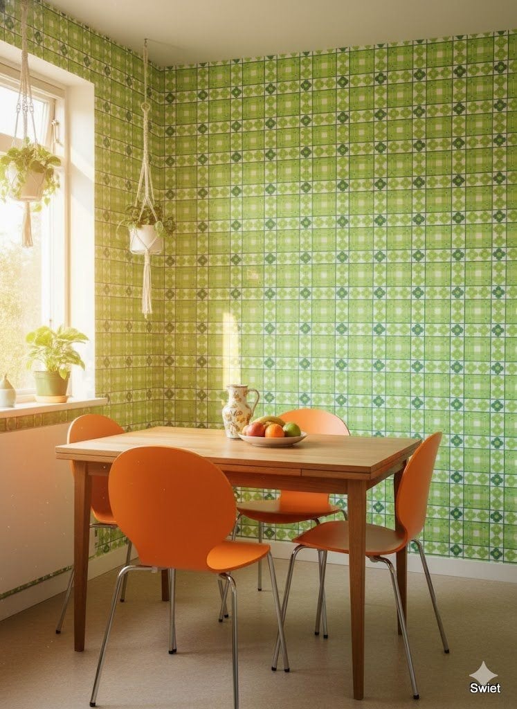 14271 fris groen bloemenbehang uit de seventies swiet , Ophalen of Verzenden, Groen
