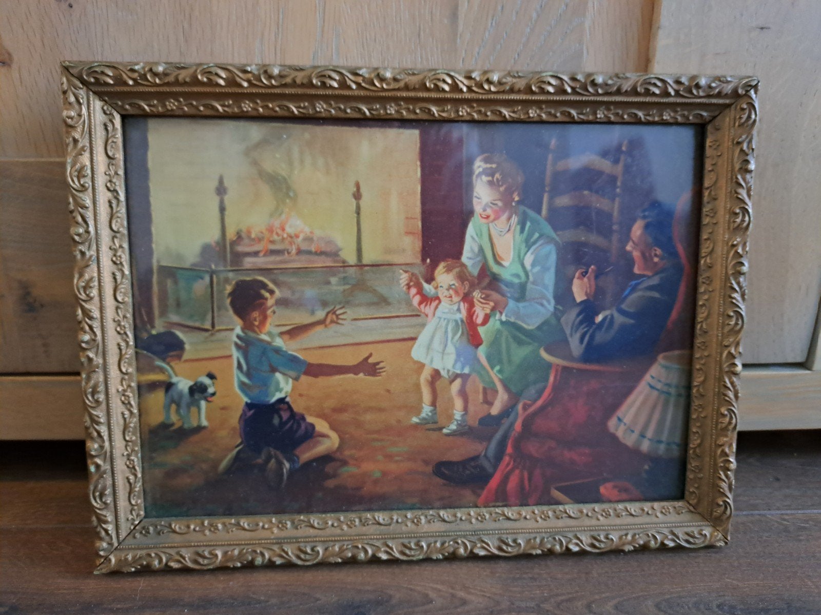 Oud schilderij gezin kindjes leren lopen warme tint 33-25cm, Huis en Inrichting, Ophalen of Verzenden, Minder dan 50 cm, Schilderij