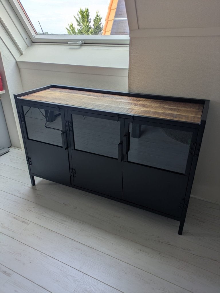 Dressoir Industrieel Houten Top Zwart, Ophalen, Met deur(en), 100 tot 150 cm, Glas
