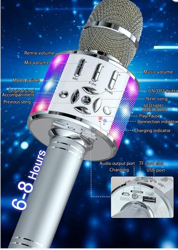 BONAOK Karaoke Microfoon met Stemverandering - Zilver, Onbekend, Ophalen of Verzenden, Zo goed als nieuw, Microfoon(s)