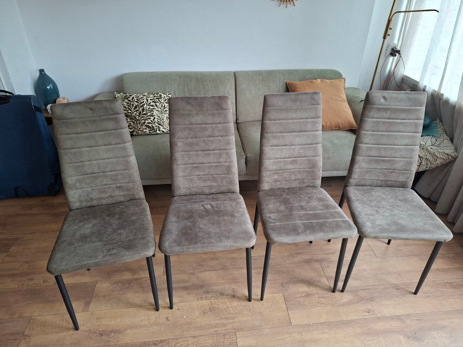 Eetkamerstoelen - Groen-grijze stof, Ophalen, Gebruikt, Modern en simpel, Grijs