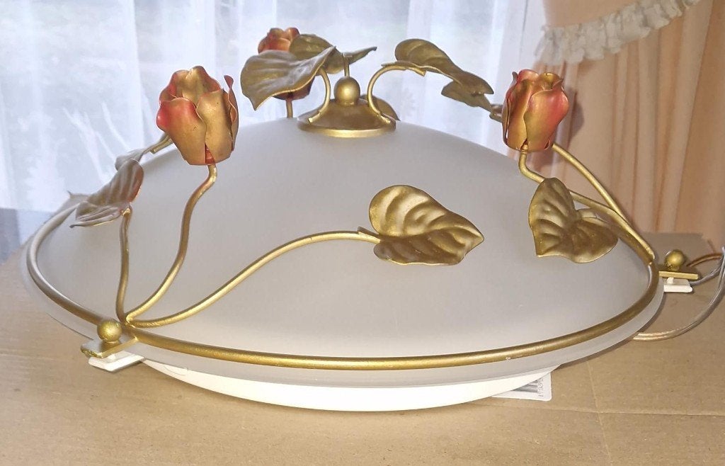 Grote plafondlamp goud met bloemen, Ophalen of Verzenden