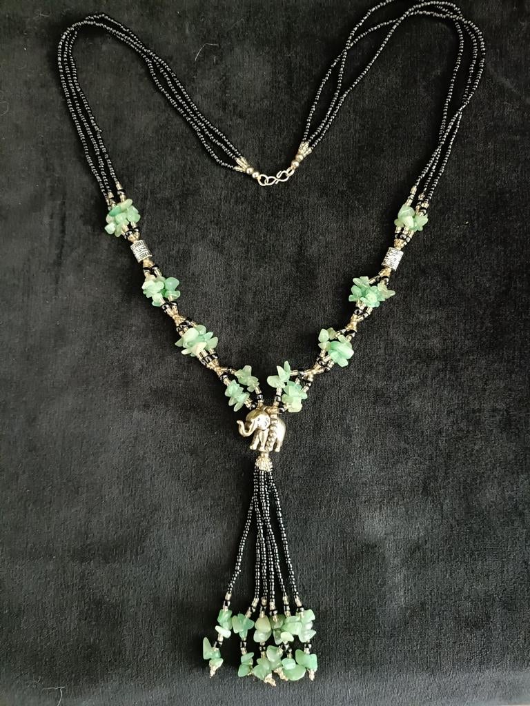 Ketting met glazen kralen, groene steentjes, Gebruikt, Ophalen of Verzenden, Groen, Overige materialen