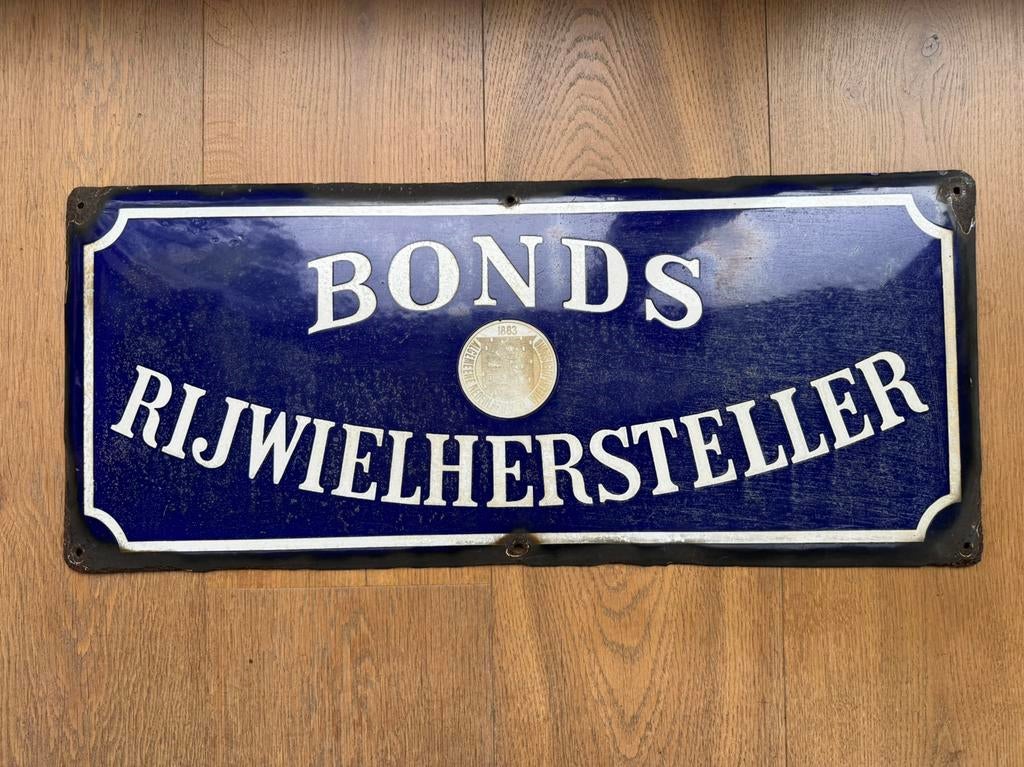 Oud bol emaille reclamebord BONDS RIJWIELHERSTELLER, Ophalen of Verzenden, Gebruikt, Reclamebord