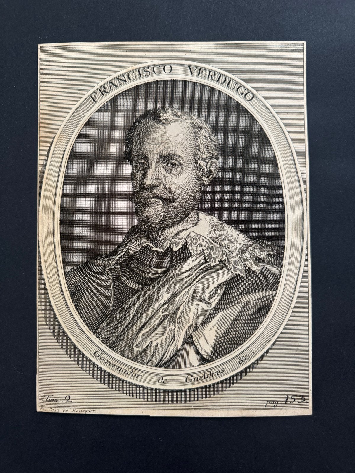 Antieke Gravure: Francisco Verdugo, Spaanse militaire, Met tekst, Portret, Gravure, 1600 - 1699