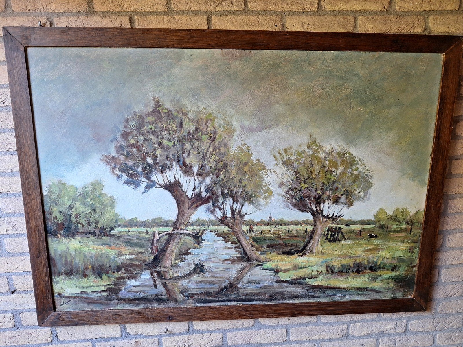 Olieverfschilderij Landschap met Wilgen en Water en Koeien, Antiek en Kunst, Ophalen, Doek, Realistisch, Landschap