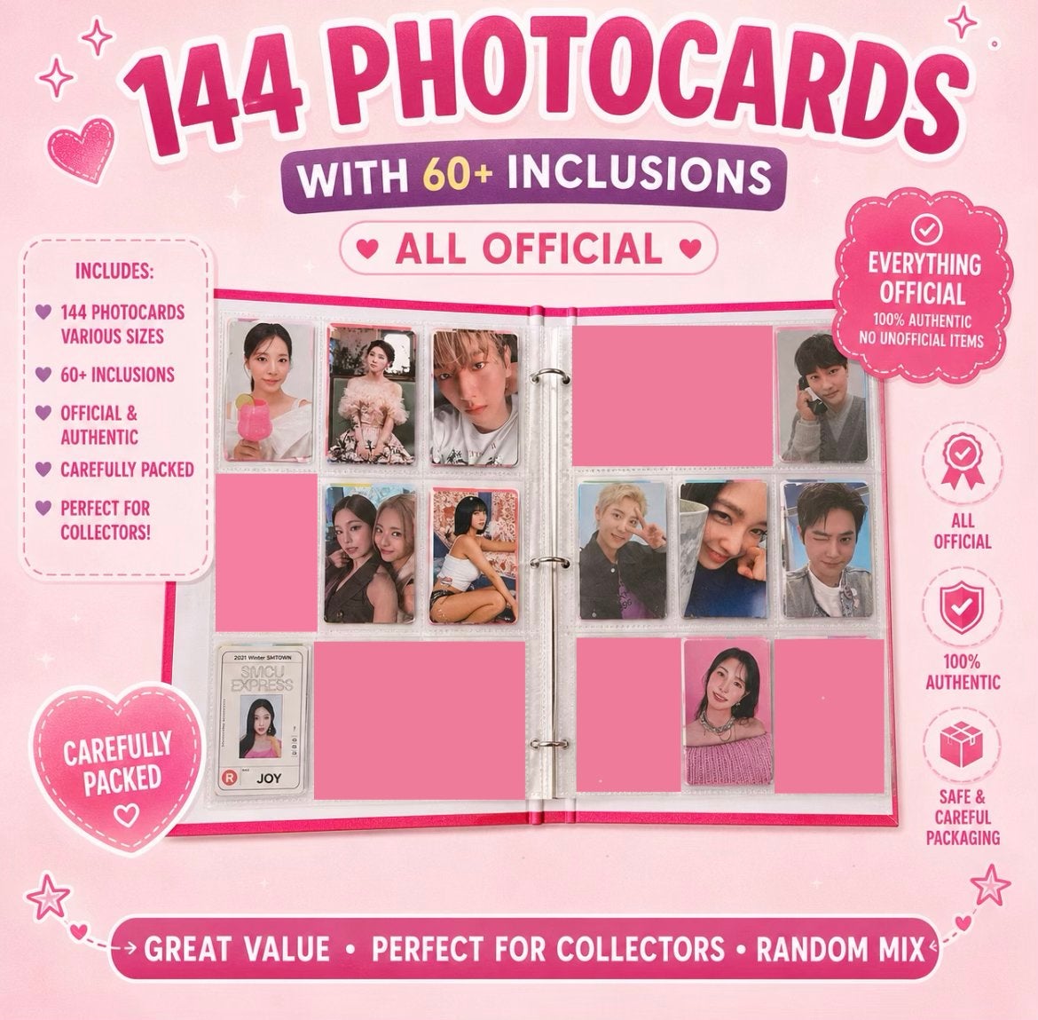 144 kpop photocards + inclusions, Ophalen of Verzenden, Zo goed als nieuw
