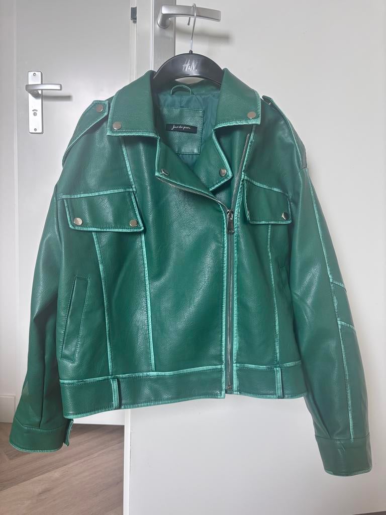 Groen leren bikerjack van Jus de Pom, Kleding | Dames, Jassen | Zomer, Zo goed als nieuw, Maat 38/40 (M), Groen, Ophalen of Verzenden