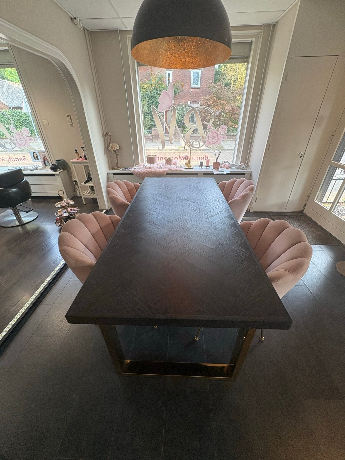 Eettafel 220x100 cm met visgraatmotief en gouden onderstel, Huis en Inrichting, Tafels | Eettafels, 100 tot 150 cm, 200 cm of meer