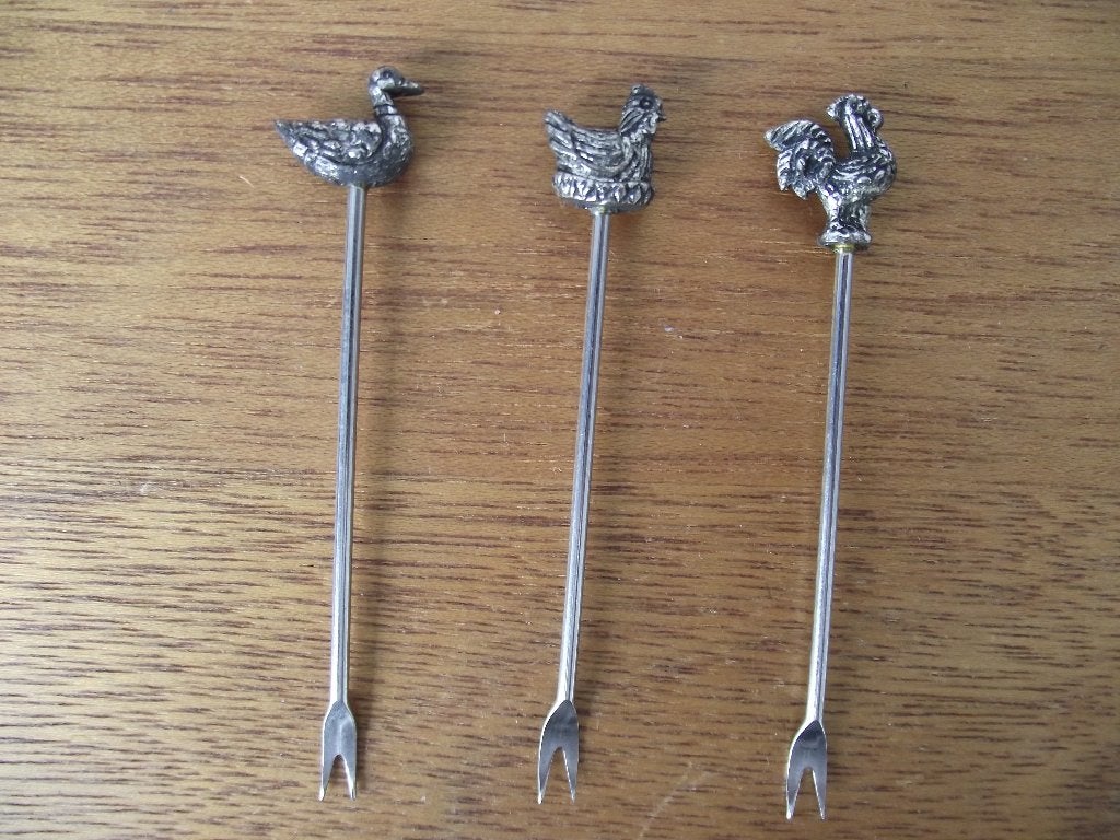 3 vintage zilver? cocktailvorkjes 3D kip haan eend 9 cm p st, Antiek en Kunst, Ophalen of Verzenden