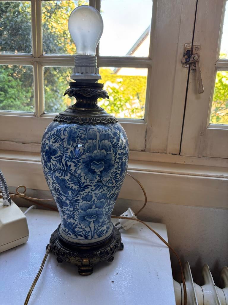 Delfts Blauwe Tafellamp met Messing Voet en Fitting, Huis en Inrichting, Ophalen, Gebruikt
