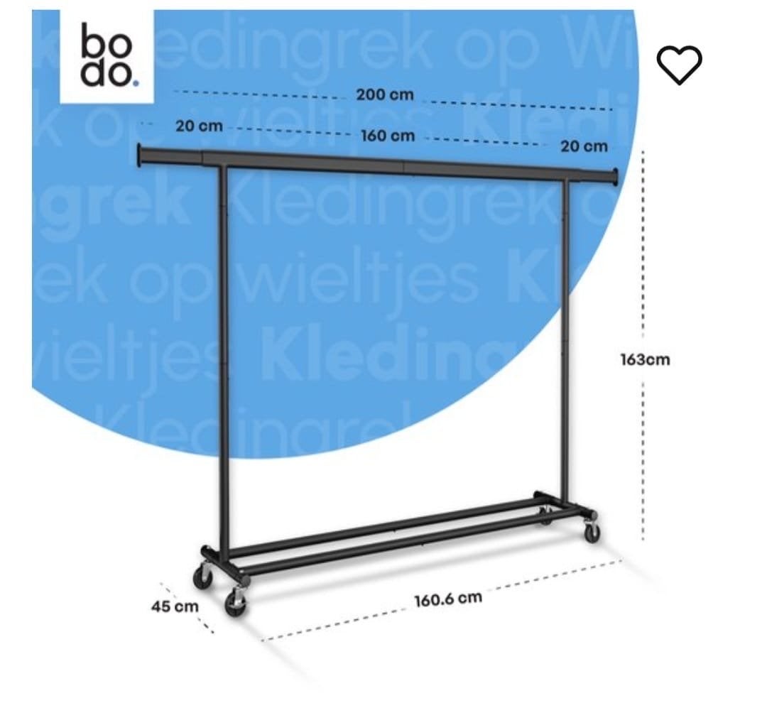 Kledingrek op wieltjes - Zwart - 160cm breed, Ophalen of Verzenden, Met wielen, Nieuw