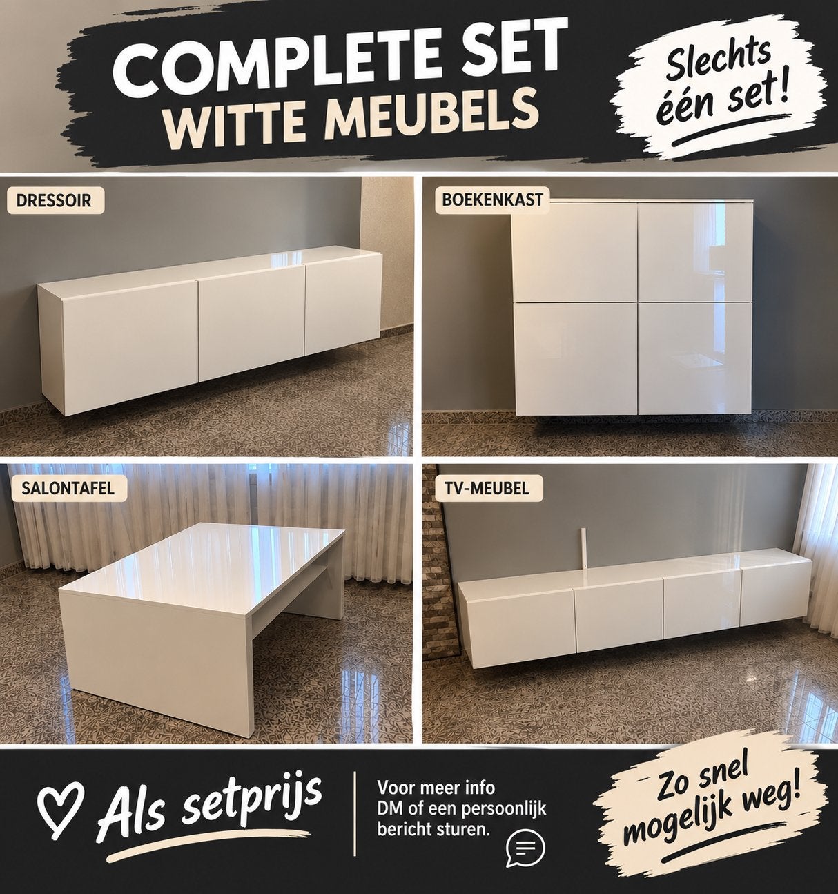 Complete set witte meubels: dressoir, boekenkast, salontafel, Ophalen, Gebruikt