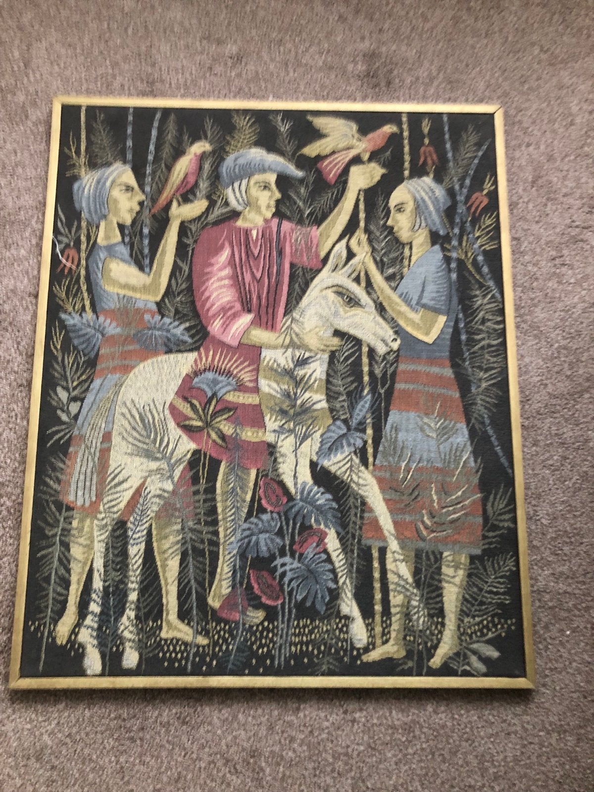 Frans wandtapijt middeleeuwse valkenjacht 80x65cm, Ophalen of Verzenden