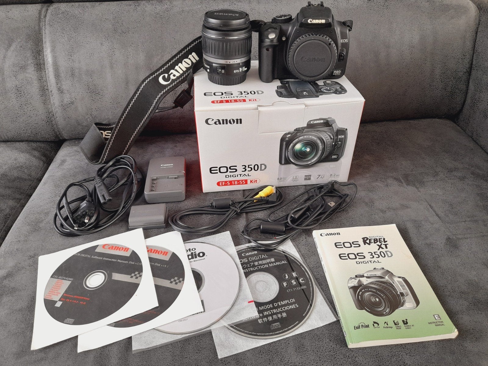 Canon EOS 350D + EF-S 18-55 + doos en toebehoren, Ophalen, Canon, Geen optische zoom