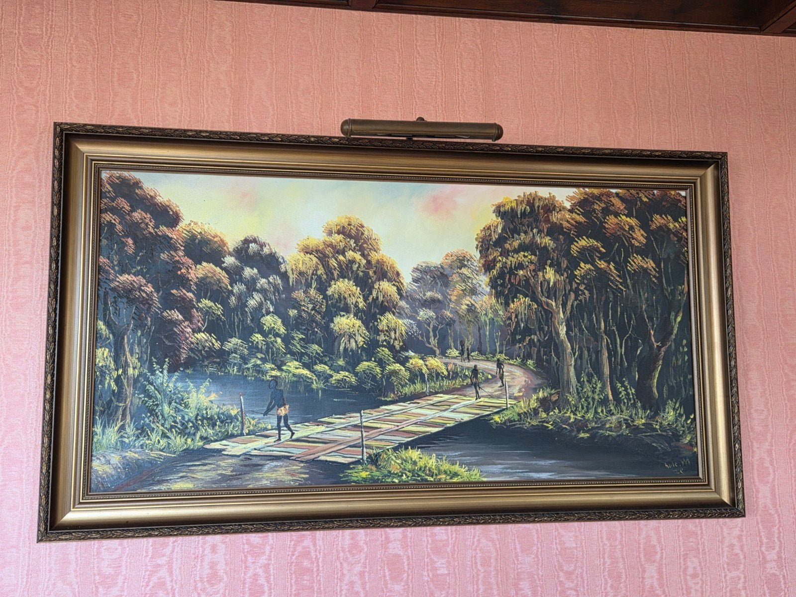 Groot Afrikaans Landschap Olieverfschilderij in Gouden Lijst, Antiek en Kunst, Ophalen of Verzenden