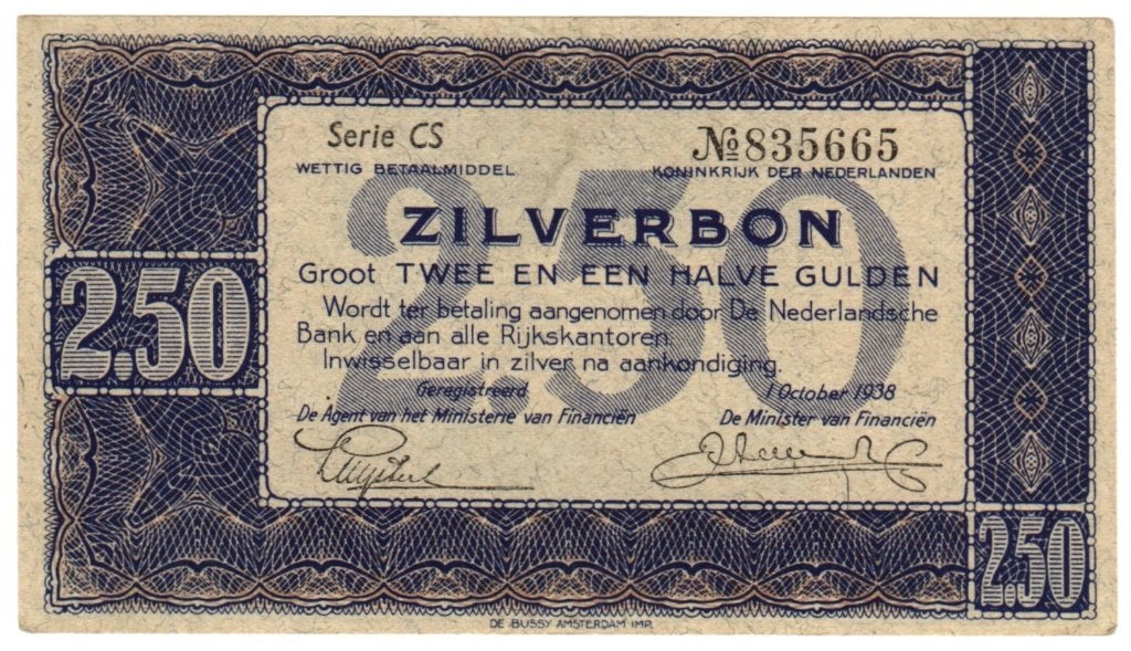 2,5 Gulden Zilverbon 1938, Ophalen of Verzenden, 2½ gulden, Los biljet