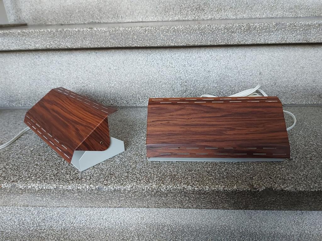 2 vintage wandlamp bedlampjes met houtlook lamp, Ophalen, Vintage mid century design jaren 60 70, ..., Zo goed als nieuw
