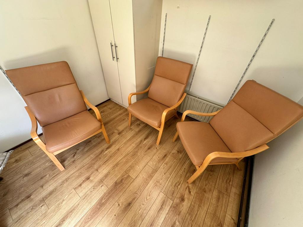 Skalma deens design lederen fauteuills, Ophalen, Gebruikt, 75 tot 100 cm, 50 tot 75 cm