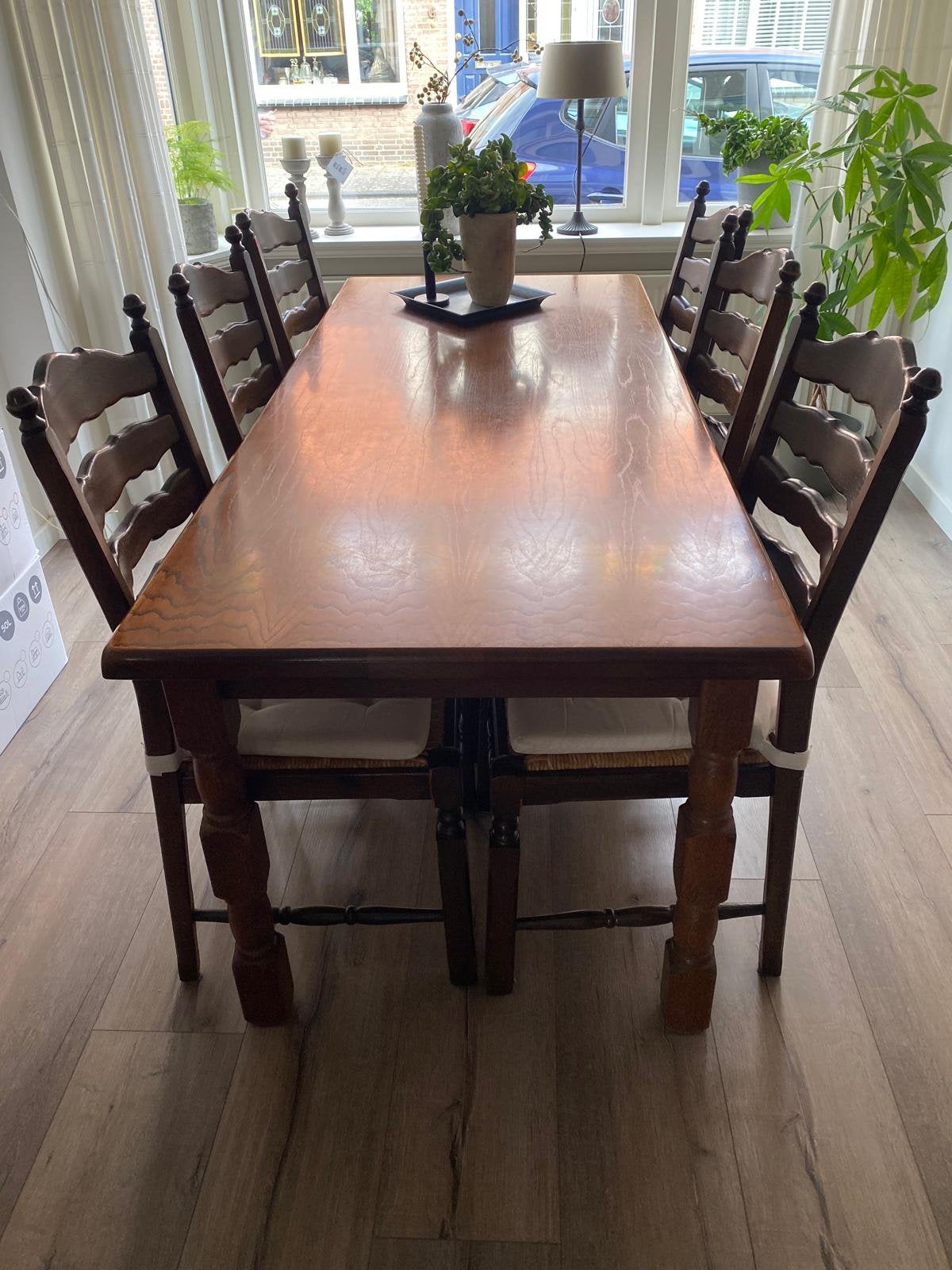 Eiken eethoek tafel met 6 stoelen, Ophalen, Gebruikt, Eikenhout, 50 tot 100 cm