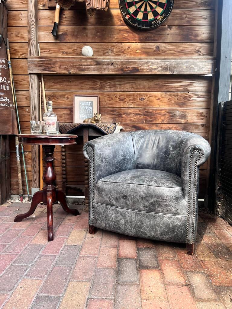 Rundleren club fauteuil in grijs blauw, Minder dan 75 cm, Leer, Ophalen of Verzenden, Zo goed als nieuw