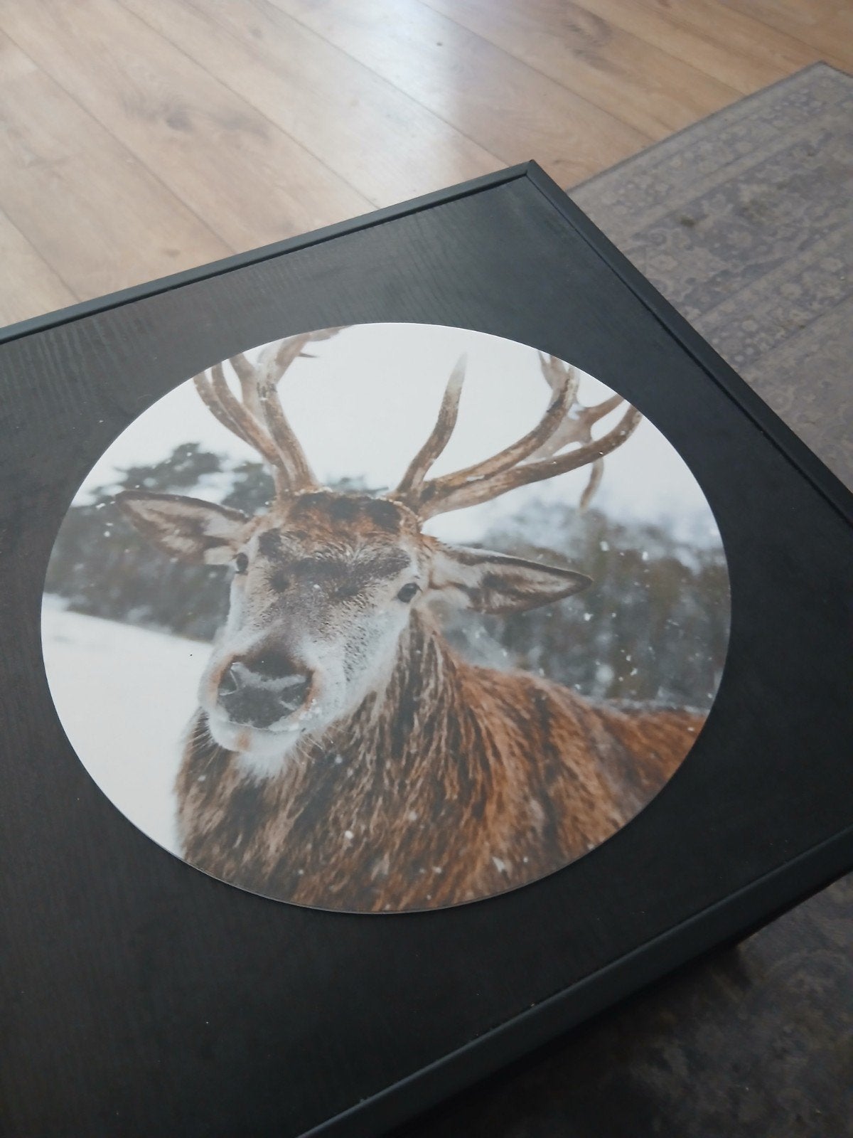 Rond schilderij/print van hert in de sneeuw, Huis en Inrichting, Woonaccessoires | Schilderijen, Tekeningen en Foto's, Minder dan 50 cm