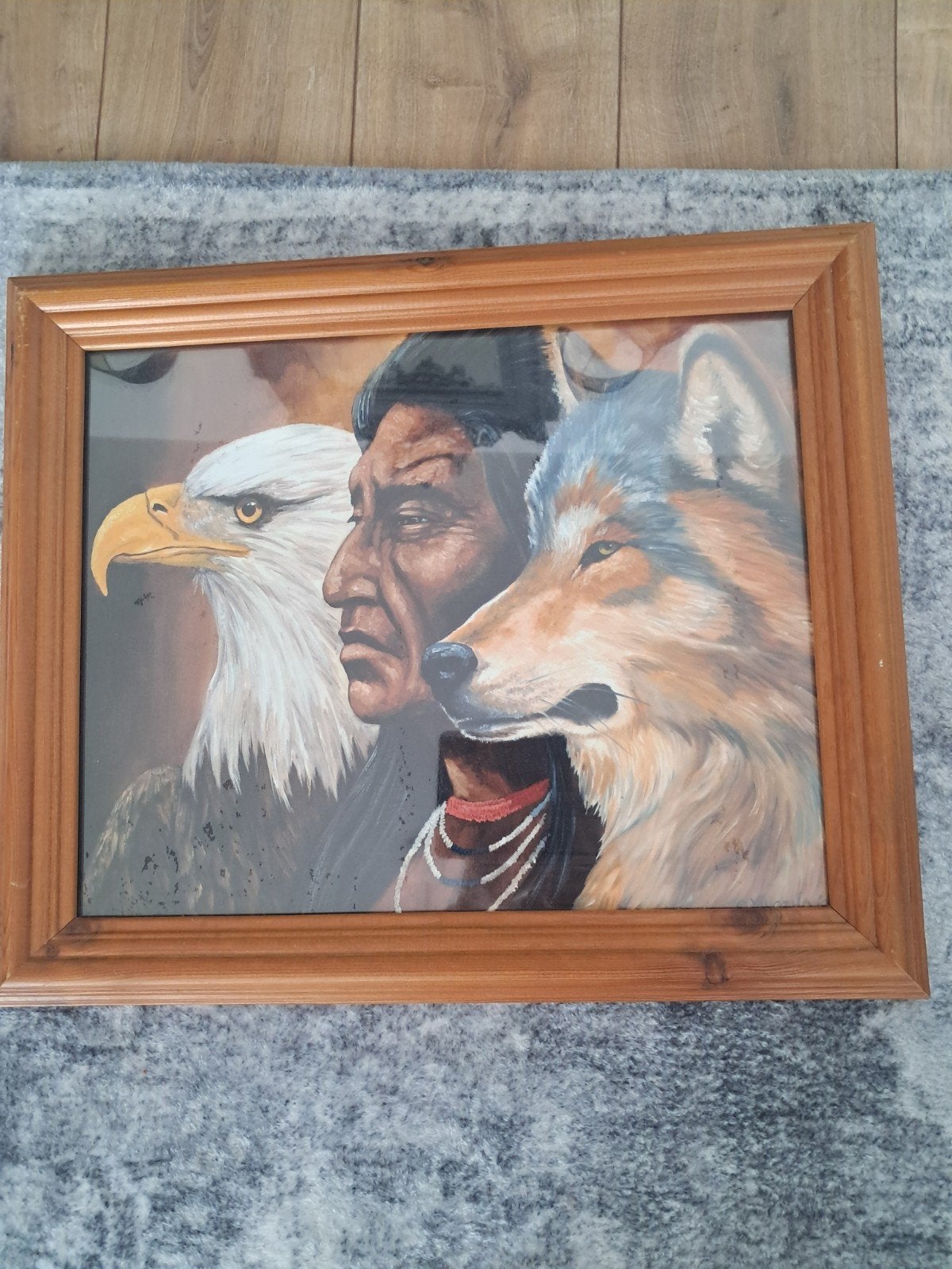 Indiaan met een roofvogel en wolf, Ophalen of Verzenden, Hout