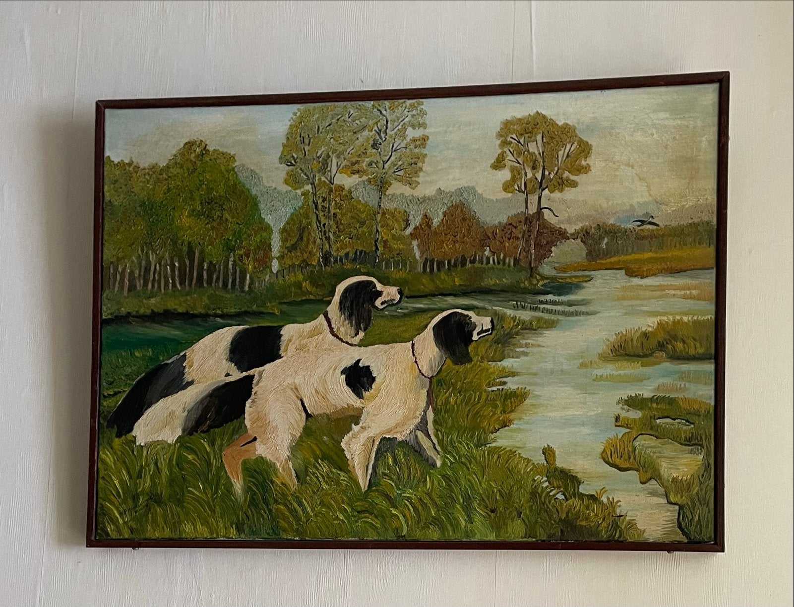 Vintage Schilderij: Jachthonden aan de Waterkant, Antiek en Kunst, Kunst | Schilderijen | Klassiek, Ophalen of Verzenden