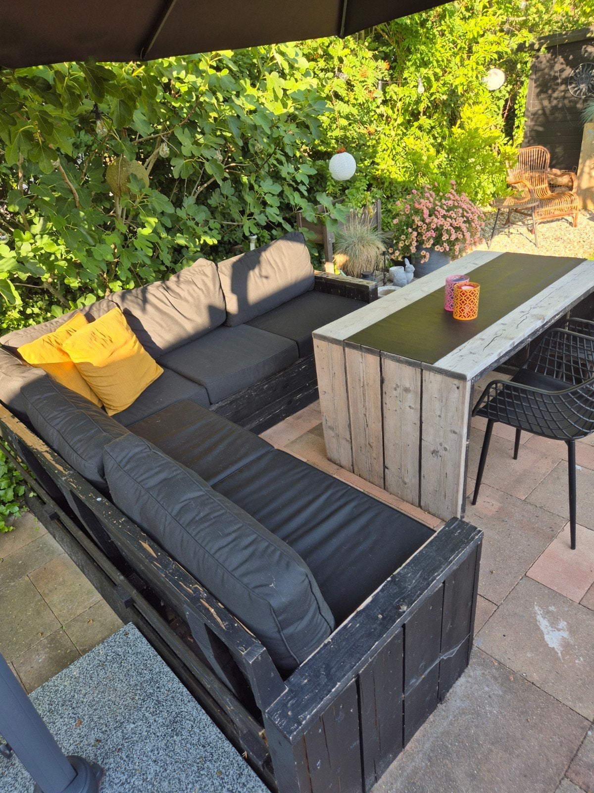 Grote houten hoekbank loungebank incl. kussens, Tuin en Terras, Ophalen of Verzenden