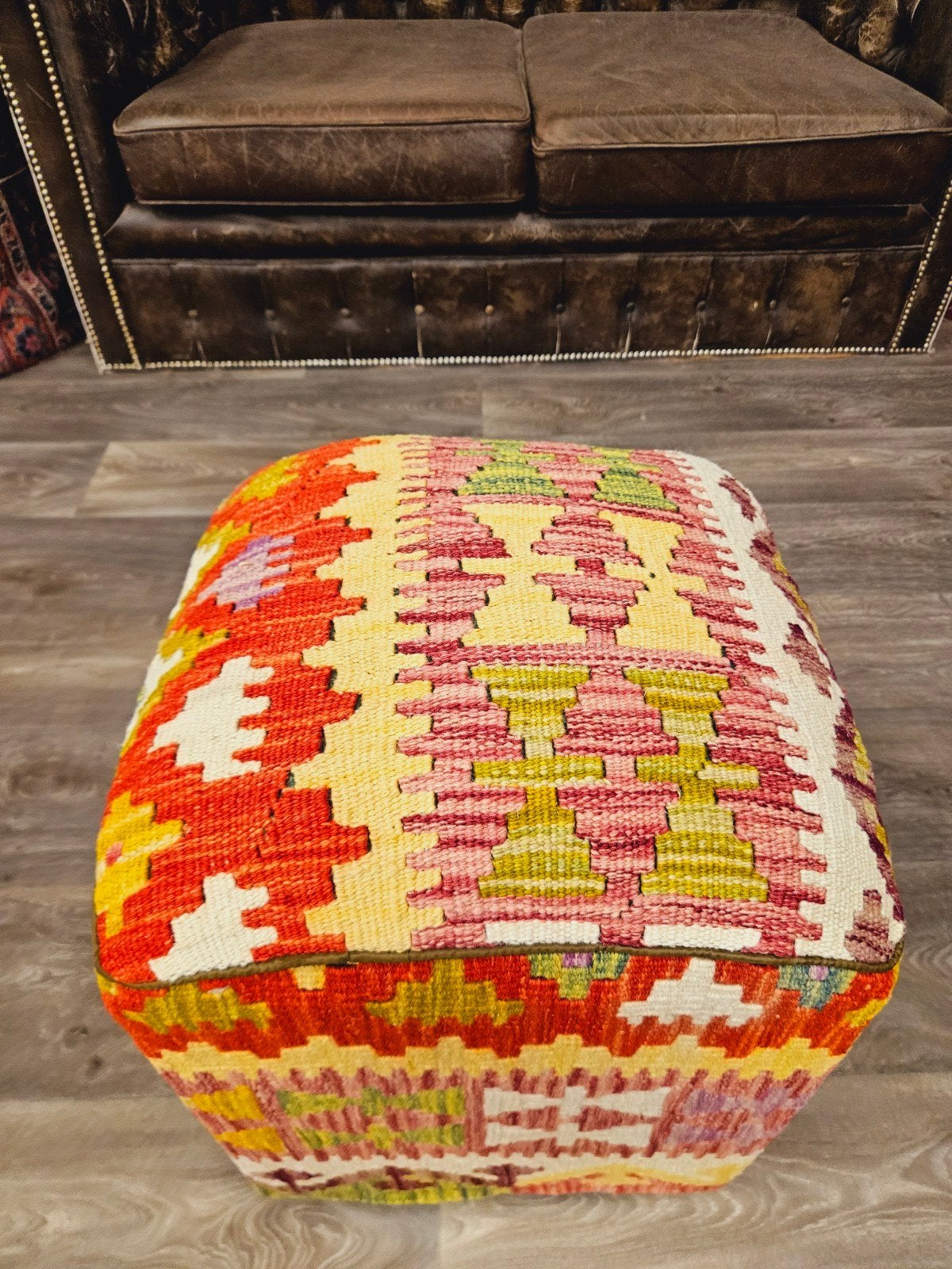Handgemaakte Afghaanse Kelim Poef. prachtige kleuren!, Afghaans, Minder dan 50 cm, Vierkant, Nieuw